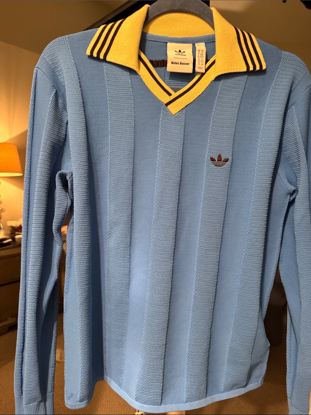 Adidas Originals Wales Bonner Light Blue Knit Polo Sweater with Yellow Collar